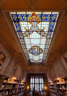 Livraria Lello, interior of the Lello bookstore on the upper floor with the magnificent ceiling