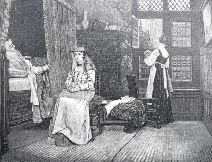 Visiting the woman who has just given birth. In bed, a woman resting, presumably after giving