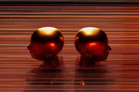 Two metal humanoids stand between illuminated lines representing the concept of artificial
