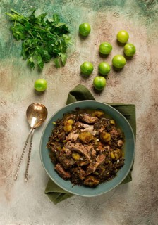 Chakapuli, Georgian dish, stewed meat with herbs and tkemali, in white wine, homemade, no people