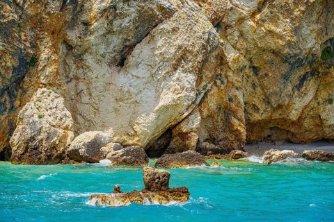 Romantic view over the sea in Koromacna Bay on a sunny day with rough seas on the island of Cres,