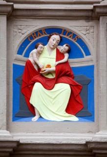Charitas or Caritas, Latin for charity, decoration of the facade, Hexenbürgermeisterhaus, Lemgo,