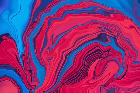 This abstract image features swirling patterns with vibrant neon touches, combining rich blues and