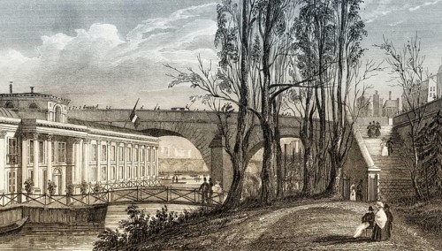 Bains Vigier, Pavillon de Flore, Louvre, Paris, antique steel engraved print, 1831