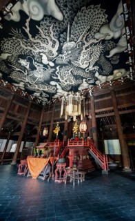 Interior view of Hodo Hall in Kennin-ji Buddhist Temple, Twin Dragon ceiling painting by artist
