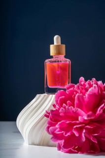 A vibrant pink serum dropper bottle is elegantly displayed alongside blooming peonies. The scene is