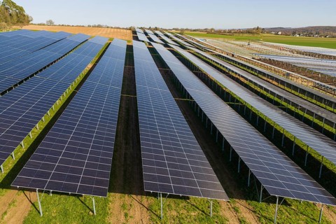 Organized series of solar systems on extensive fields, renewable energy, Agri PV Bau für