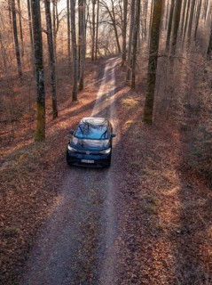 Aerial view of a car on a forest path, surrounded by tall trees in autumn, car sharing, electric