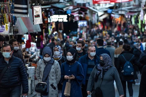 Istanbul, Turkey. November 28th 2020 Shoppers wearing face masks in a crowded Bazaar on the