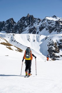 Ski tourers on the Graubünden Haute Route, Snow-covered mountains, Winter in the Albula Alps,