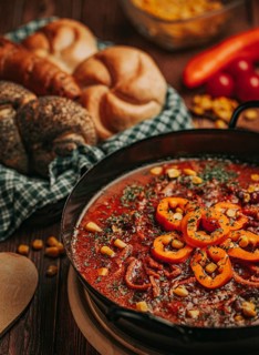 Bean soup with peppers, corn, tomatoes, Vegetarian