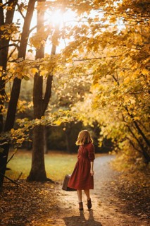 A serene autumn scene in Quebec, Canada, with a woman walking along a sunlit path surrounded by