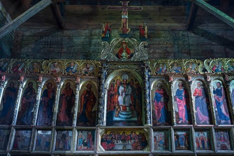 Orthodox chancel painted with iconostases, 16th century Gothic wooden church of St. Paraskevi,