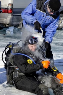 Hotwater on regulators to avoid freezing during the dive under ice, Lake Baikal, Olkhon Island,