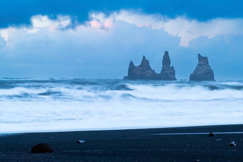 Reynisdrangar pinnacles, lava sandy beach, waves sea, winter, Vik, Iceland, Scandinavia
