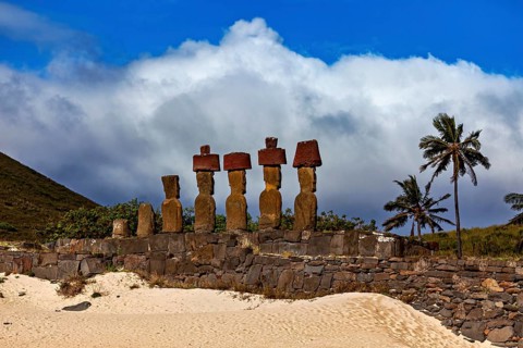 Stone statues on Easter Island against a cloudy blue sky surrounded by palm trees and sand, The