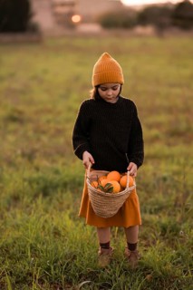 A child stands in a field, holding a basket filled with vibrant oranges. The scene conveys warmth