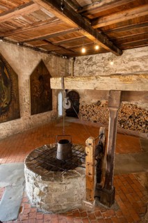 Fountain parlour with the castle fountain in the historic Meersburg Castle, museum, sight, Lake