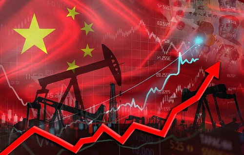 Oil production with Chinese flag, petrol industry. Oil pumps with China flag