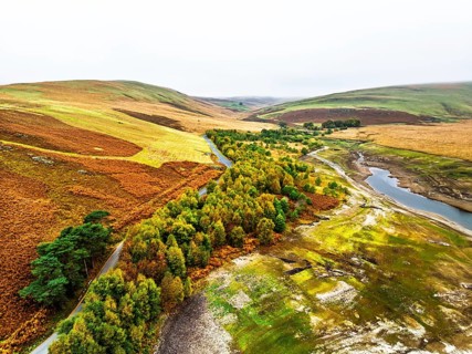 Autumn over Craig Goch Dam from a drone, Elan Valley Reservoirs, Elan Valley, Rhayader, Powys,