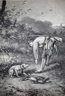 The hunter shot a hare and his dog found him. The man tries to teach the dog not to touch it, 1891,