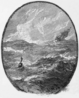 Man overboard during a storm in the ocean, around 1870, Scotland, digital reproduction of a