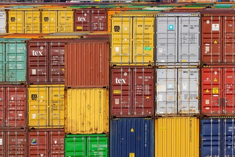 Colourful sea containers in the container port. The port of Mannheim is one of the most important