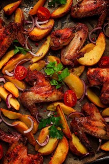 Fried chicken wings, with potatoes, and spices, homemade, fast food, no people