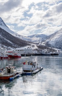 Scenic winter scene in a Norwegian harbor with fishing boats afloat. Snow-covered mountains frame