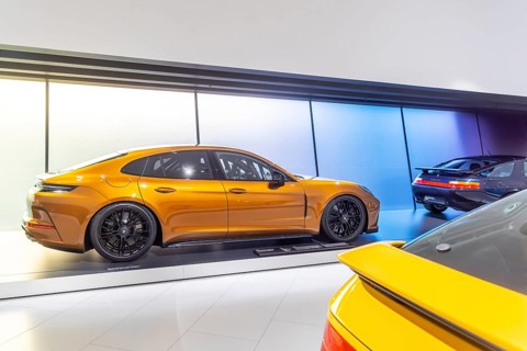 Porsche Museum Stuttgart-Zuffenhausen. Porsche Panamera Turbo S E-Hybrid built in 2024. The