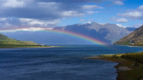 Lake Hawea with rainbow, Otago, South Island, New Zealand