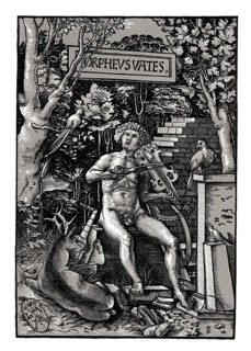 Orpheus with the violin, 16th century, Chiaroscur woodcut by Johannes Wechtlin, facsimile of the