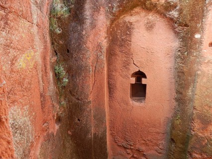 Close-up of a rock with recessed niche and natural stone texture, UNESCO World Heritage Site,