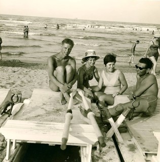 Historical photo summer 1961, tourists, beach, Rimini, Italy