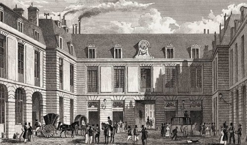 General Post office, Rue Roussillon, Paris, antique steel engraved print, 1831