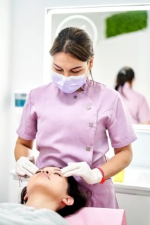 In a modern clinic of aesthetic medicine, a trained therapist performs a beauty treatment on a