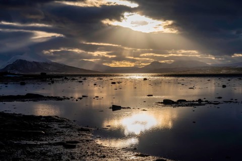 Sunset, dramatic cloud reflection in northern Norway, Norway, Tromsö, Kvaløya, Kvalöya, island,