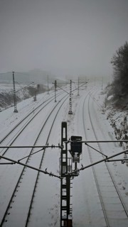 Lonely snow-covered tracks in a foggy winter landscape, Rennsteig, Frankenwald nature park Park
