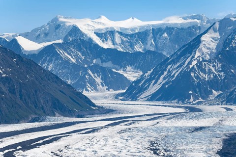 View of impressive mountain landscape with Matanuska glacier and glaciated mountain peaks, Lion's