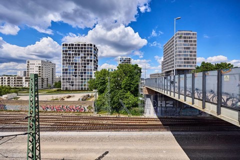 Car bridge and footbridge, general architecture, skyscrapers, modern building, commercial building,