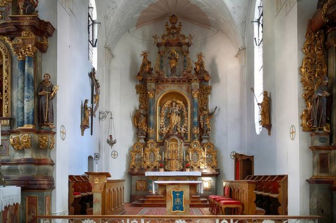 Interior view, choir room, altar, Heilig Geist Hospital Church, Wangen im Allgäu, Bavaria, Germany