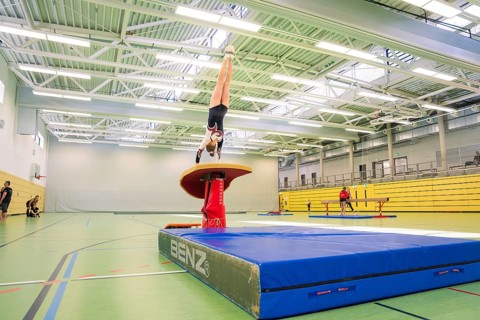 Gymnast does a handstand position on exercise equipment in a well-lit gym, Turnen, Calw, Germany