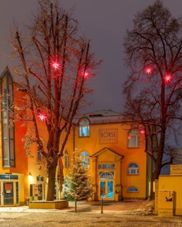 Star trees in front of the stock exchange at dusk, slightly snow-covered, Coswig, Saxony, Germany