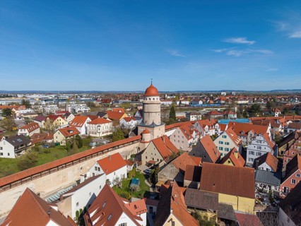 Aerial view of the historic old town of Nördlingen with the completely comprehensive and accessible