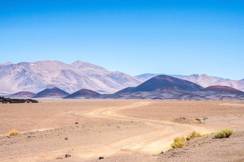 A dirt road meanders through the arid, expansive terrain of La Puna in Argentina, showcasing