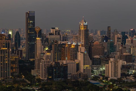 Over the rooftops of Bangkok, evening light, view from the Moon Bar on the roof terrace of the