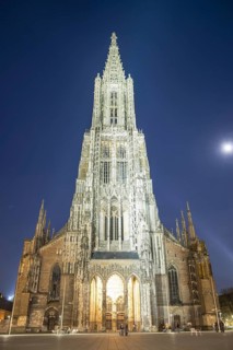 Full moon, Ulm Minster, at 161.53 metres the highest church tower in the world, Muensterplatz, Ulm,