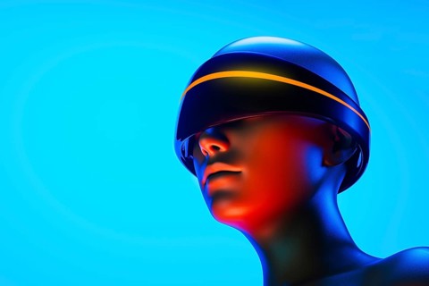 A humanoid wearing virtual goggles experiences an augmented world filled with artificial