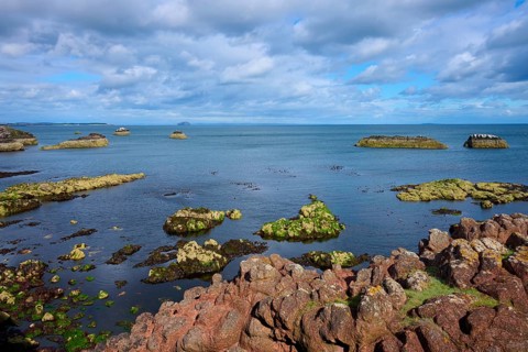 Coast with scattered rocks and calm sea, cloudy sky, Dunbar, East Lothian, Scotland, United