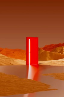 A bright, red door rests in the middle of a surreal desert landscape. A light glows from the door,